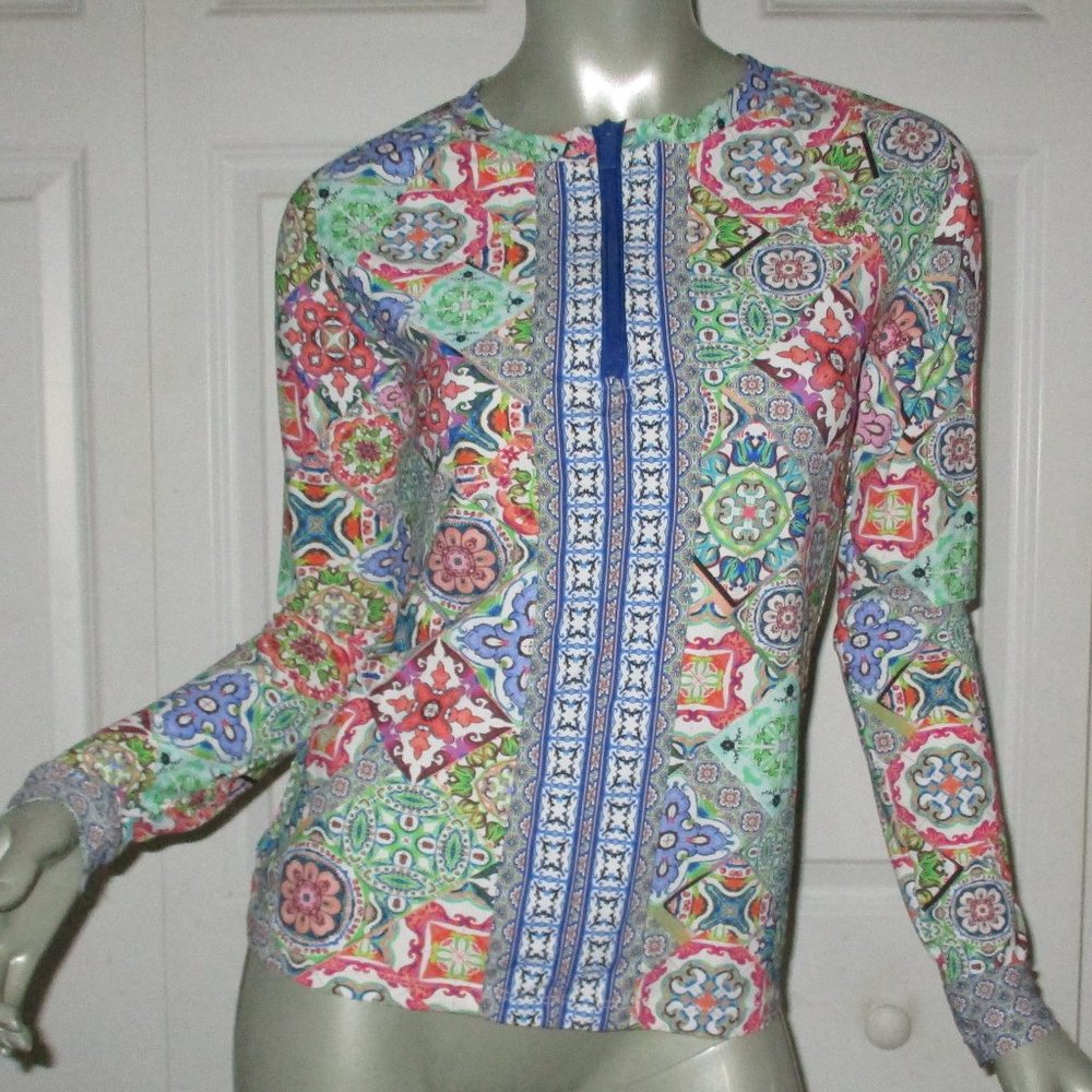 NANETTE LEPORE Multi-Color Long Sleeve Zip Front Blouse